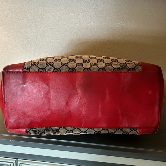 Gucci Bi-Color Tote Monogram GG Canvas Leather Tote Bag Beige Red from Japan - Picture 8 of 15